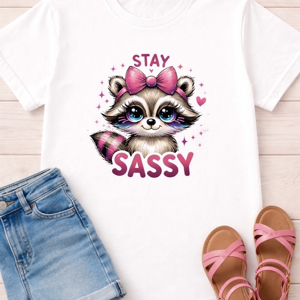 Gildan White Tee with Pink Accented 'Stay Sassy' Raccoon Graphic